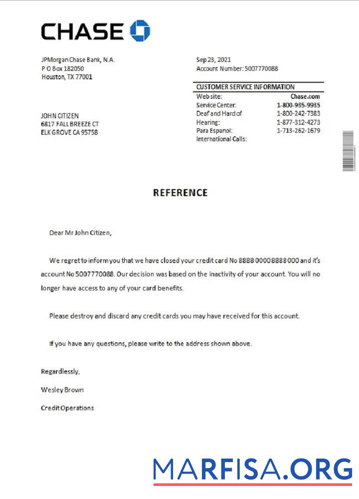 Blank USA Chase closure reference sample